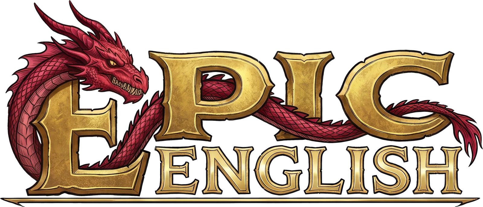 Epic English: las letras EPIC en dorado con un dragón rojo enroscado y la palabra ENGLISH debajo